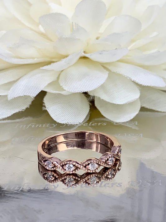 Diamond round cut wedding band, stackable vintage anniversary ring, infinity milgrain promise ring, 14k rose gold #4413