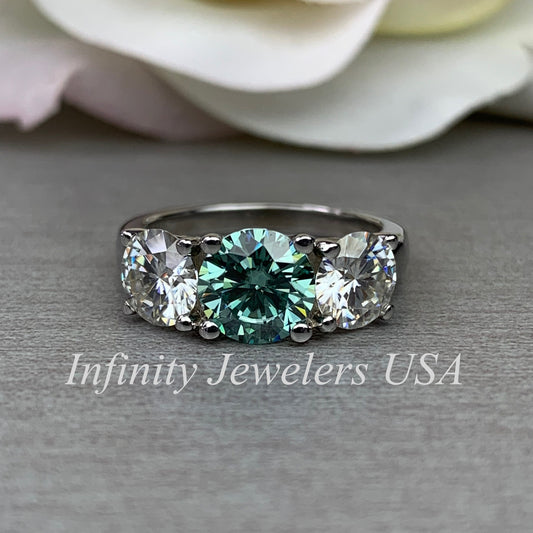 Moissanite Engagement Ring / Green and White Wedding Ring / Ladies Classic Ring / Anniversary Gift / 14k White Gold / #6169