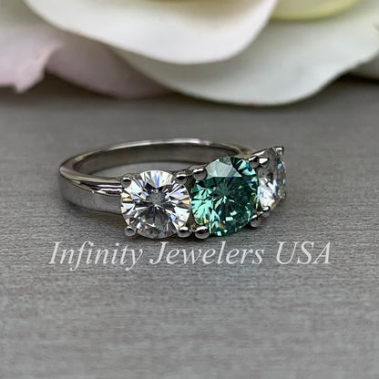Moissanite Engagement Ring / Green and White Wedding Ring / Ladies Classic Ring / Anniversary Gift / 14k White Gold / #6169