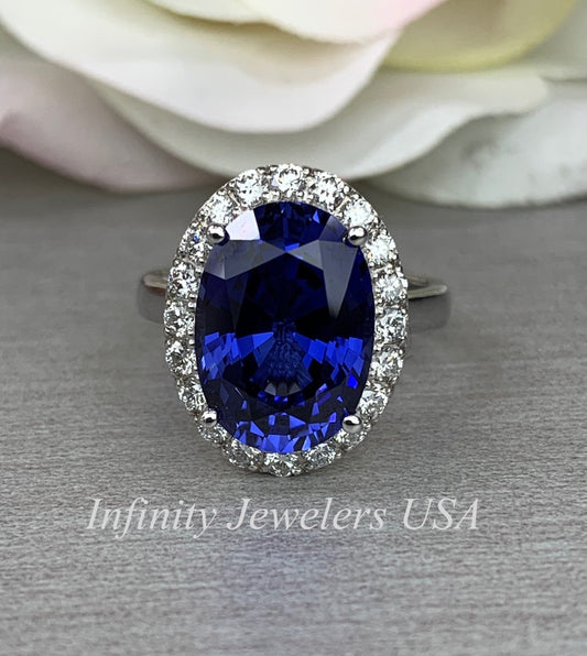 Elongated Oval Sapphire And Diamond Halo Style Engagement Wedding Anniversary Ladies Ring 14K White Gold #5656