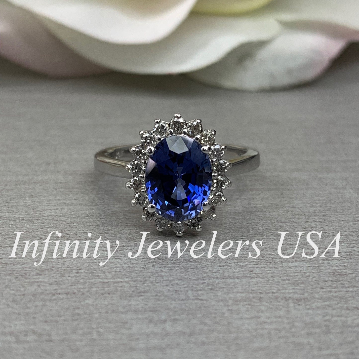 Oval Cut Blue Sapphire Engagement Ring, Diamond Halo Engagement Ring,  Moissanite Ring, 2.50ctw, 14K White Gold #6077 #6807