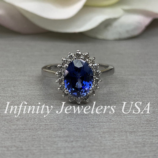 Oval Cut Blue Sapphire Engagement Ring, Diamond Halo Engagement Ring,  Moissanite Ring, 2.50ctw, 14K White Gold #6077 #6807
