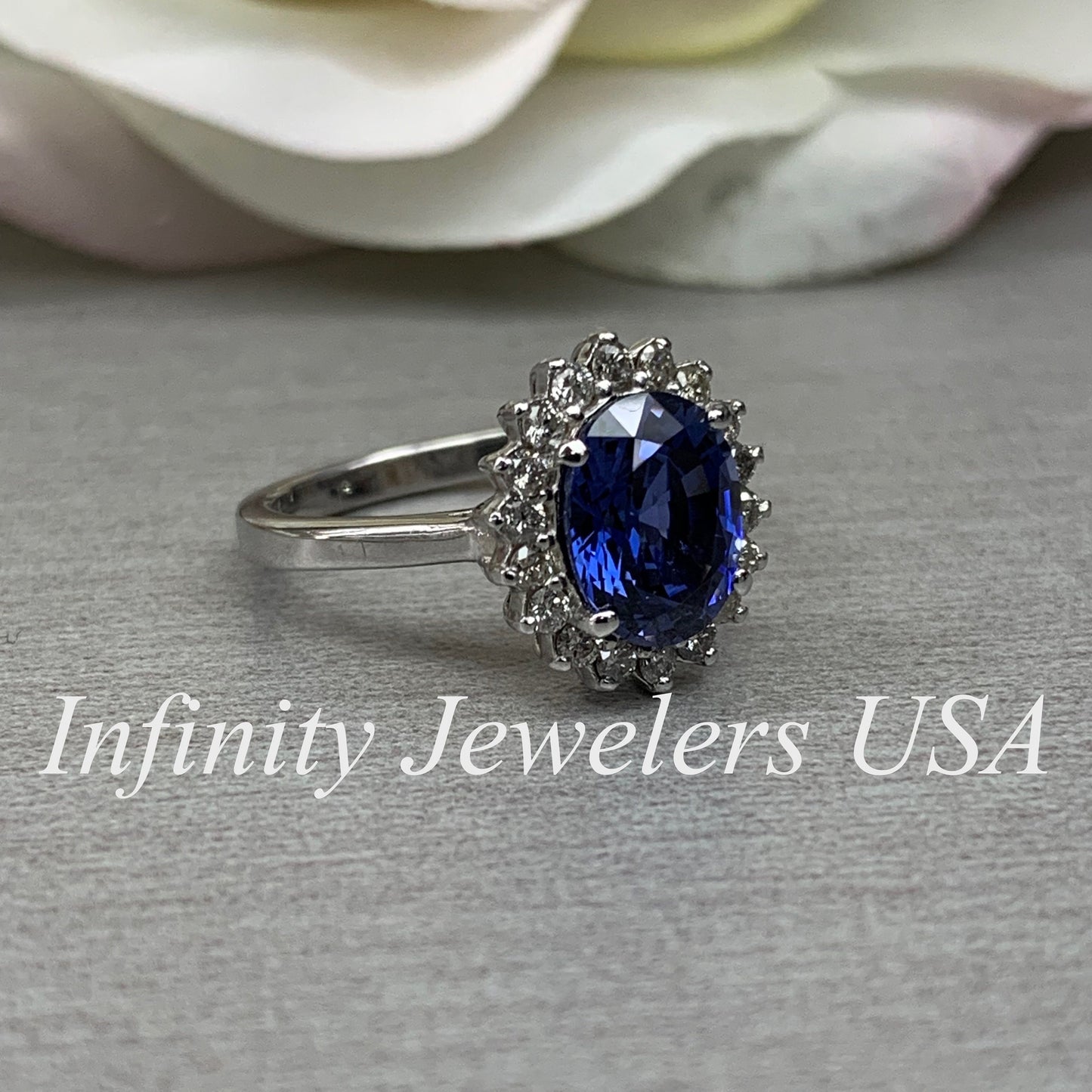 Oval Cut Blue Sapphire Engagement Ring, Diamond Halo Engagement Ring,  Moissanite Ring, 2.50ctw, 14K White Gold #6077 #6807