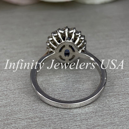 Oval Cut Blue Sapphire Engagement Ring, Diamond Halo Engagement Ring,  Moissanite Ring, 2.50ctw, 14K White Gold #6077 #6807
