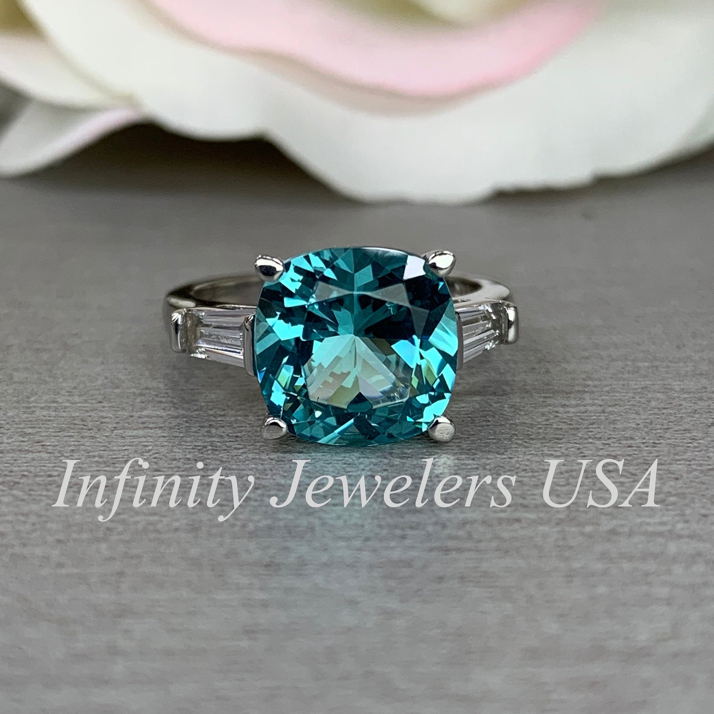 Blue Paraiba Tourmaline Cushion Moissanite Baguettes Engagement Ring  Three Stone Paraiba Tourmaline Anniversary Promise Wedding Ring