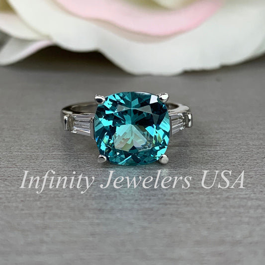 Blue Paraiba Tourmaline Cushion Moissanite Baguettes Engagement Ring  Three Stone Paraiba Tourmaline Anniversary Promise Wedding Ring