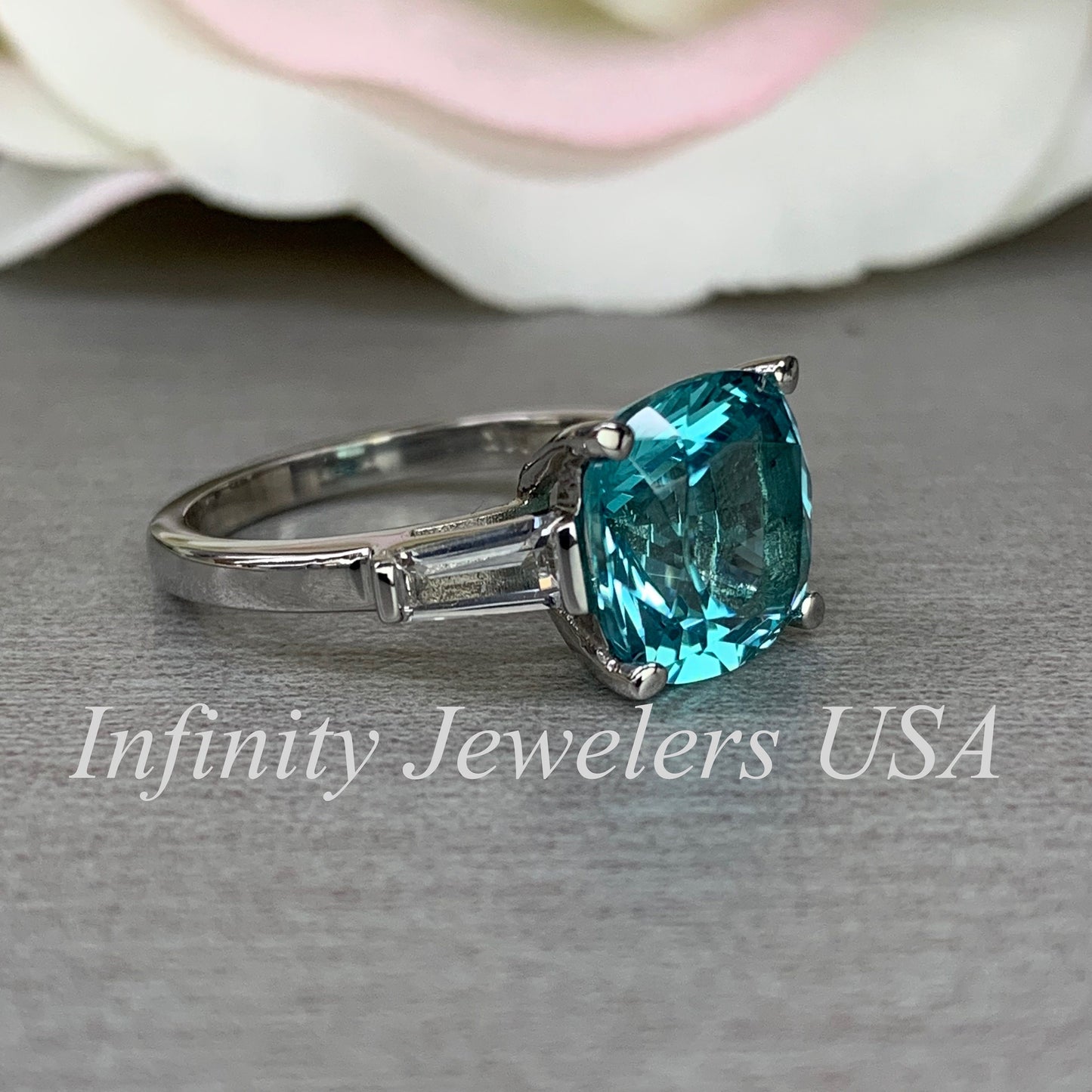 Blue Paraiba Tourmaline Cushion Moissanite Baguettes Engagement Ring  Three Stone Paraiba Tourmaline Anniversary Promise Wedding Ring