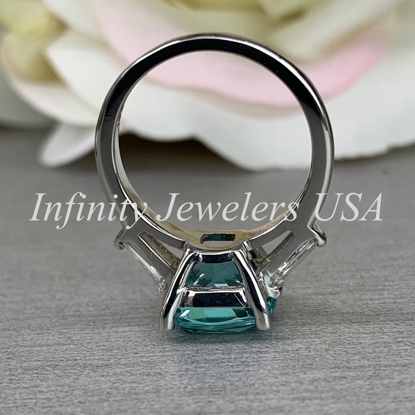 Blue Paraiba Tourmaline Cushion Moissanite Baguettes Engagement Ring  Three Stone Paraiba Tourmaline Anniversary Promise Wedding Ring