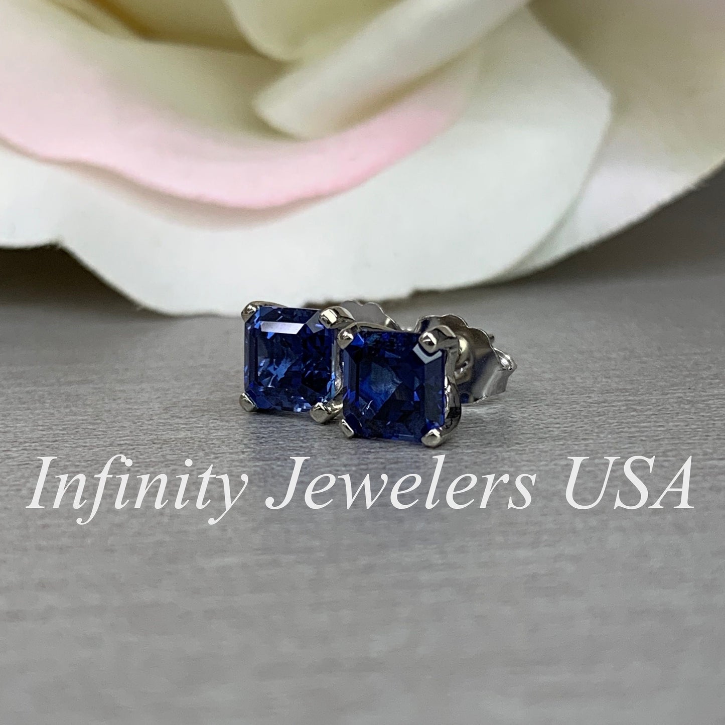 Blue Sapphire Stud Earrings 14K White Gold, Unisex Sapphire Earrings Asscher Cut, Dainty Minimal Square Studs Blue Sapphire Earrings