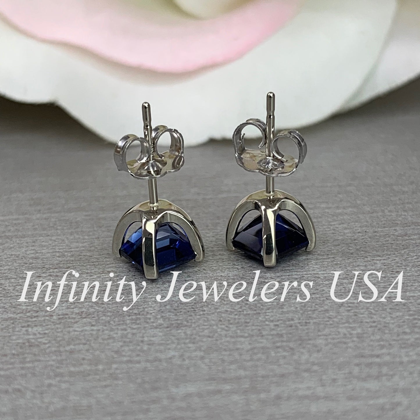 Blue Sapphire Stud Earrings 14K White Gold, Unisex Sapphire Earrings Asscher Cut, Dainty Minimal Square Studs Blue Sapphire Earrings