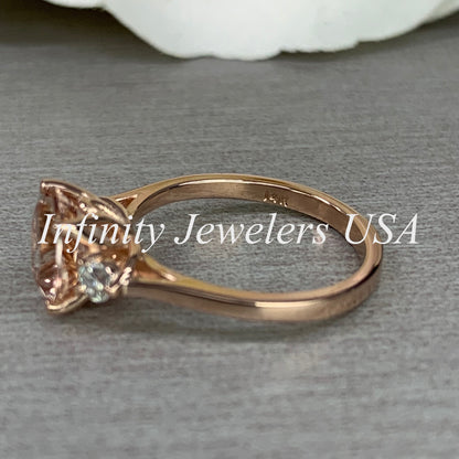Morganite Ring 14K Rose Gold, Pink Morganite Engagement Ring, Round Shaped Three Stone Morganite Wedding Promise Ring, Gift For Her, #6184
