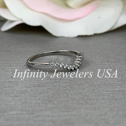 Curved Matching Diamond Wedding Band, 14k Gold Universal Curved Moissanite Band For Her, Ladies Round Diamond Cluster Matching Ring    #6087