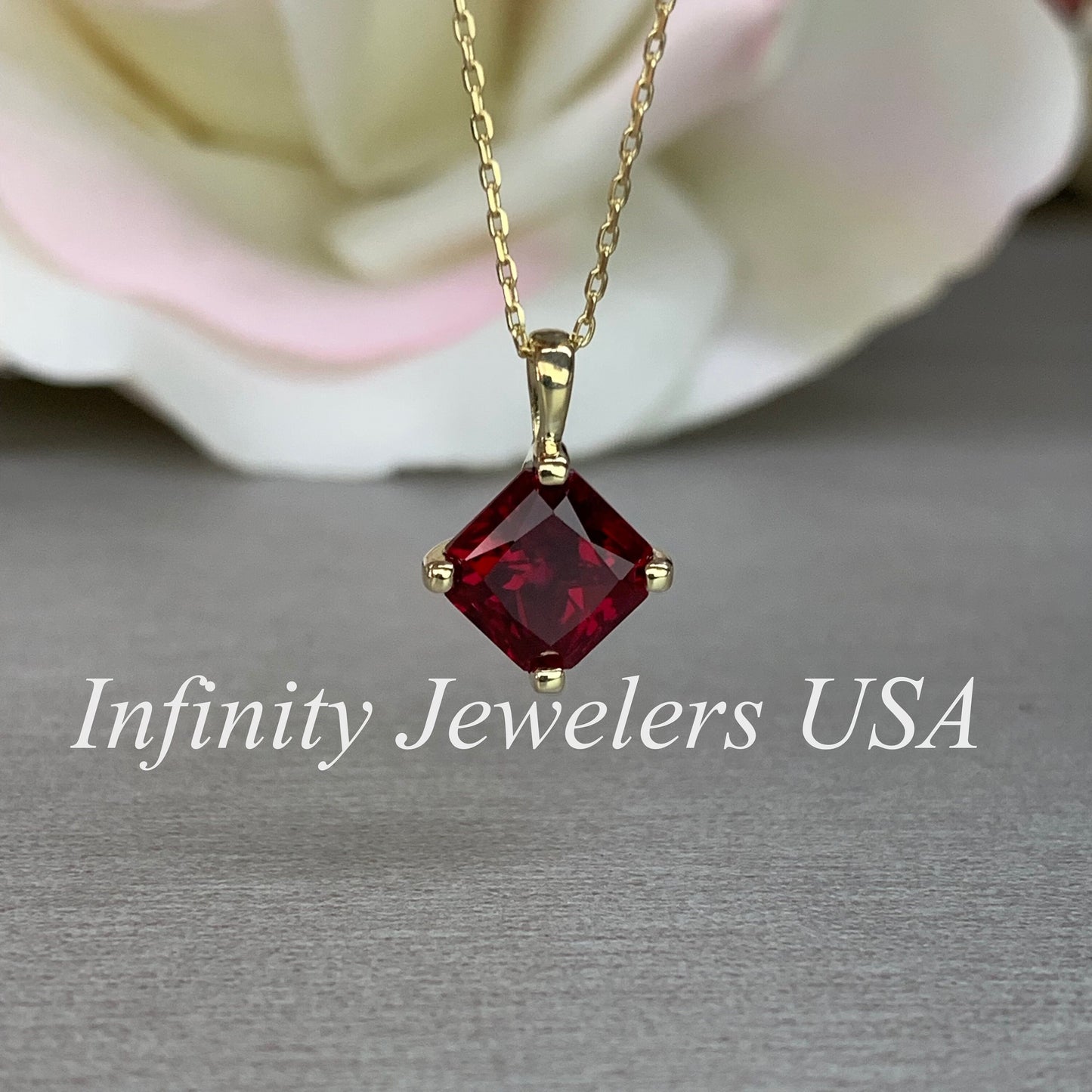 Radiant Cut Ladies Necklace / Bloody Red Ruby Necklace / Everyday Necklace / Anniversary Gift / 18" Cable Chain / 14k Yellow Gold / #6187