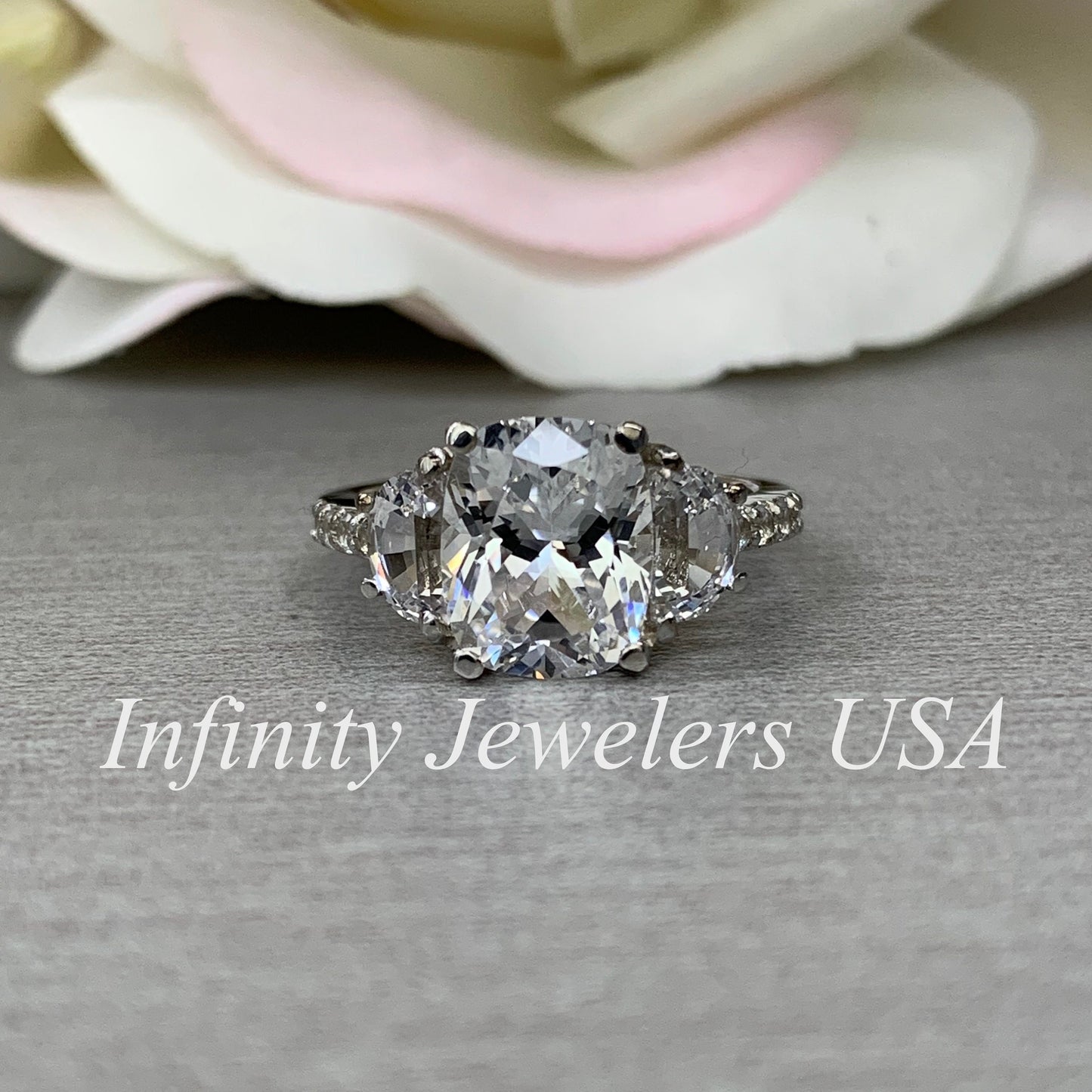 Moissanite Elongated Cushion Cut Engagement Ring With Half Moon Sides And Round Accents  14k White Gold Unique Anniversary Bridal Ring #6957
