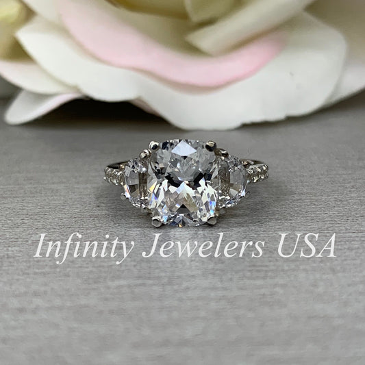 Moissanite Elongated Cushion Cut Engagement Ring With Half Moon Sides And Round Accents  14k White Gold Unique Anniversary Bridal Ring #6957