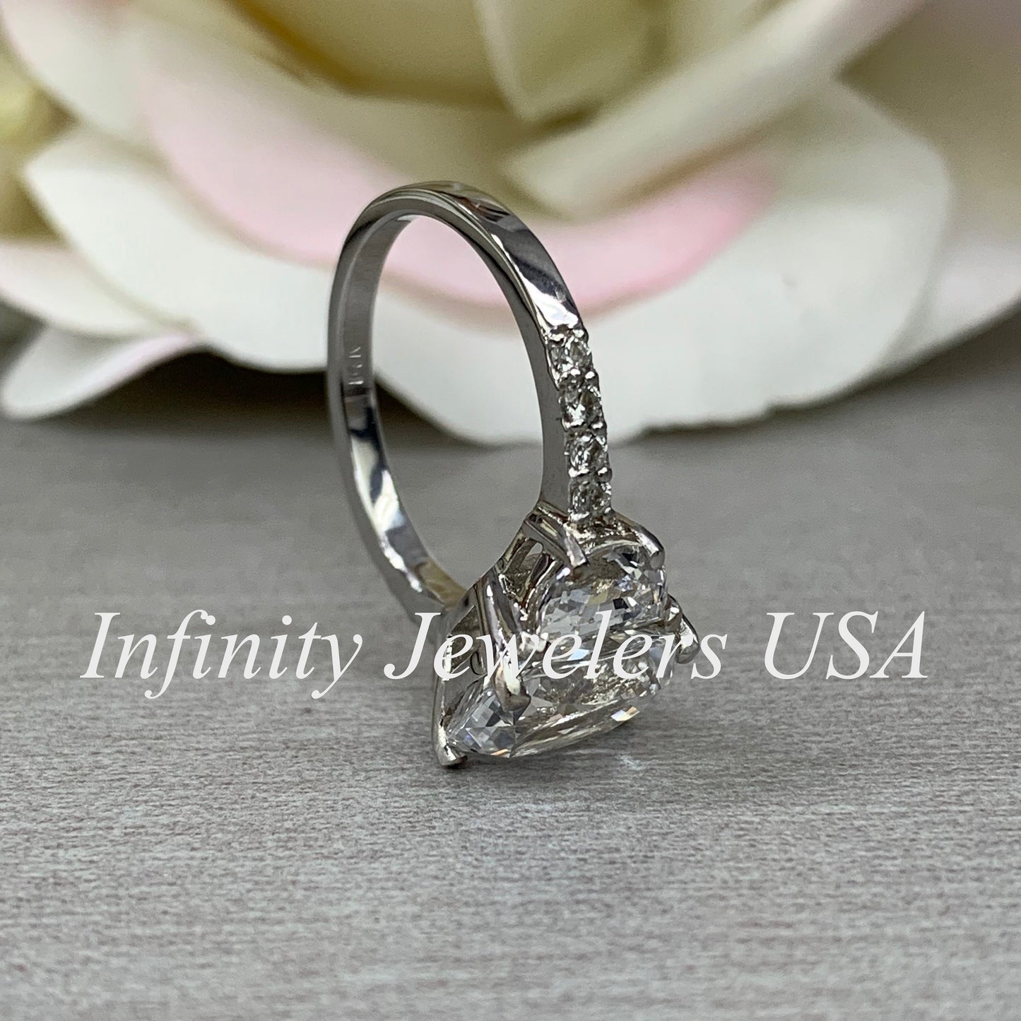 Moissanite Elongated Cushion Cut Engagement Ring With Half Moon Sides And Round Accents  14k White Gold Unique Anniversary Bridal Ring #6957