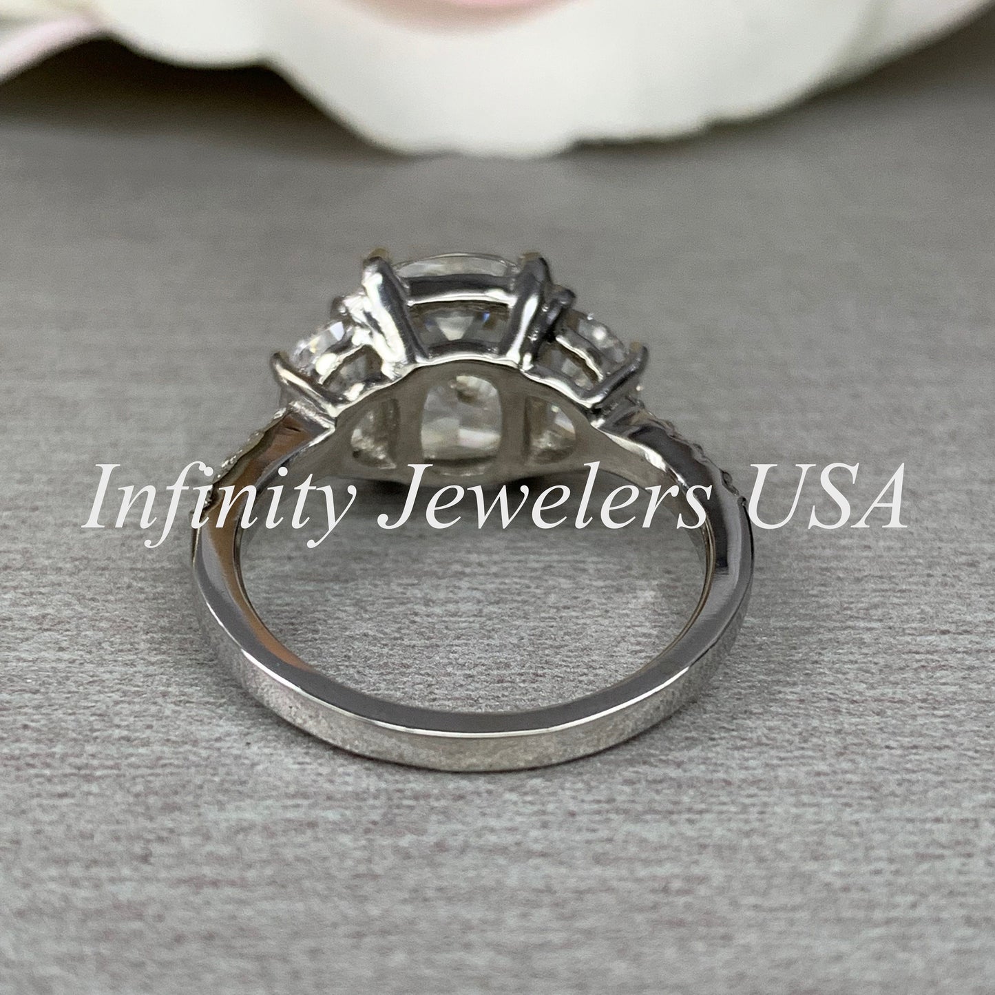 Moissanite Elongated Cushion Cut Engagement Ring With Half Moon Sides And Round Accents  14k White Gold Unique Anniversary Bridal Ring #6957