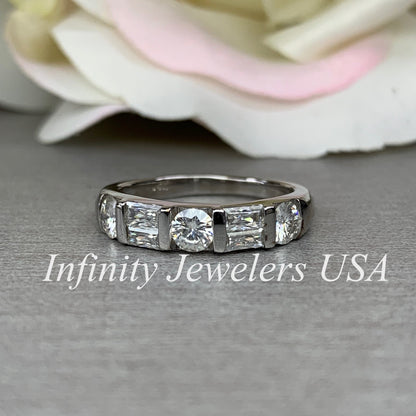 Certified moissanite wedding band, round and baguettes 14k white gold