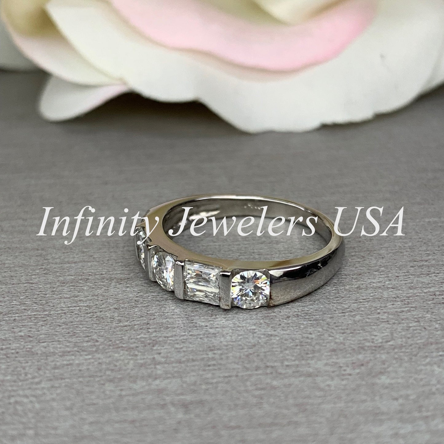 Certified moissanite wedding band, round and baguettes 14k white gold