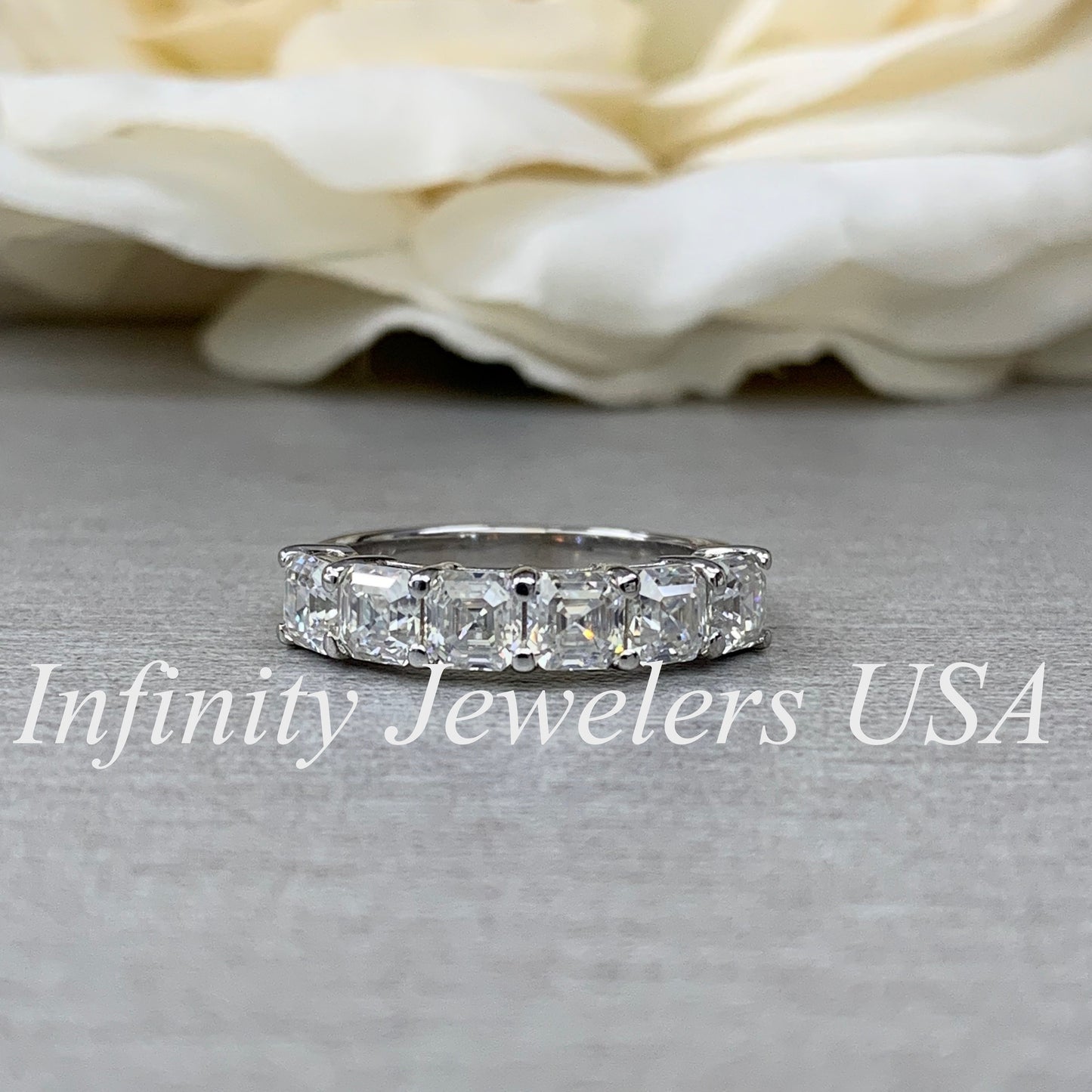 Moissanite Engagement Band / Asscher Cut Wedding Band / Six Stone Ladies Ring / Matching Band / 14k White Gold / #6208