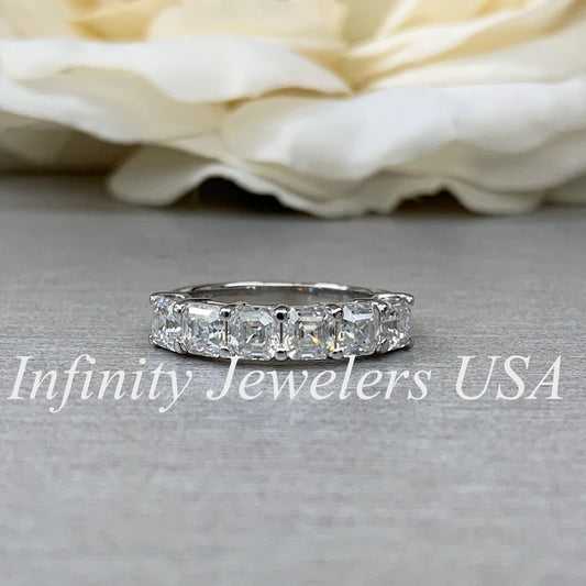Moissanite Engagement Band / Asscher Cut Wedding Band / Six Stone Ladies Ring / Matching Band / 14k White Gold / #6208