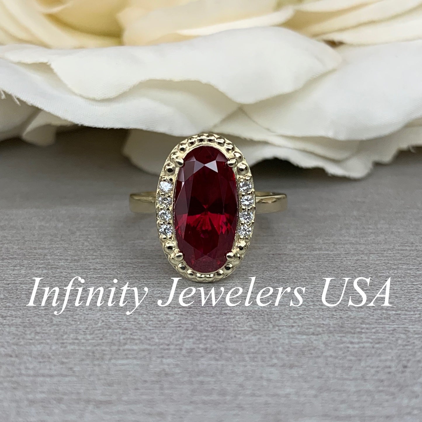 Elongated Oval Ladies Ring / Red Ruby Engagement Ring / Diamond And Ruby Wedding Ring / Anniversary Gift / 14k Yellow Gold / #6220