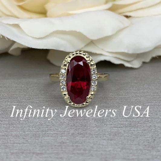 Elongated Oval Ladies Ring / Red Ruby Engagement Ring / Diamond And Ruby Wedding Ring / Anniversary Gift / 14k Yellow Gold / #6220