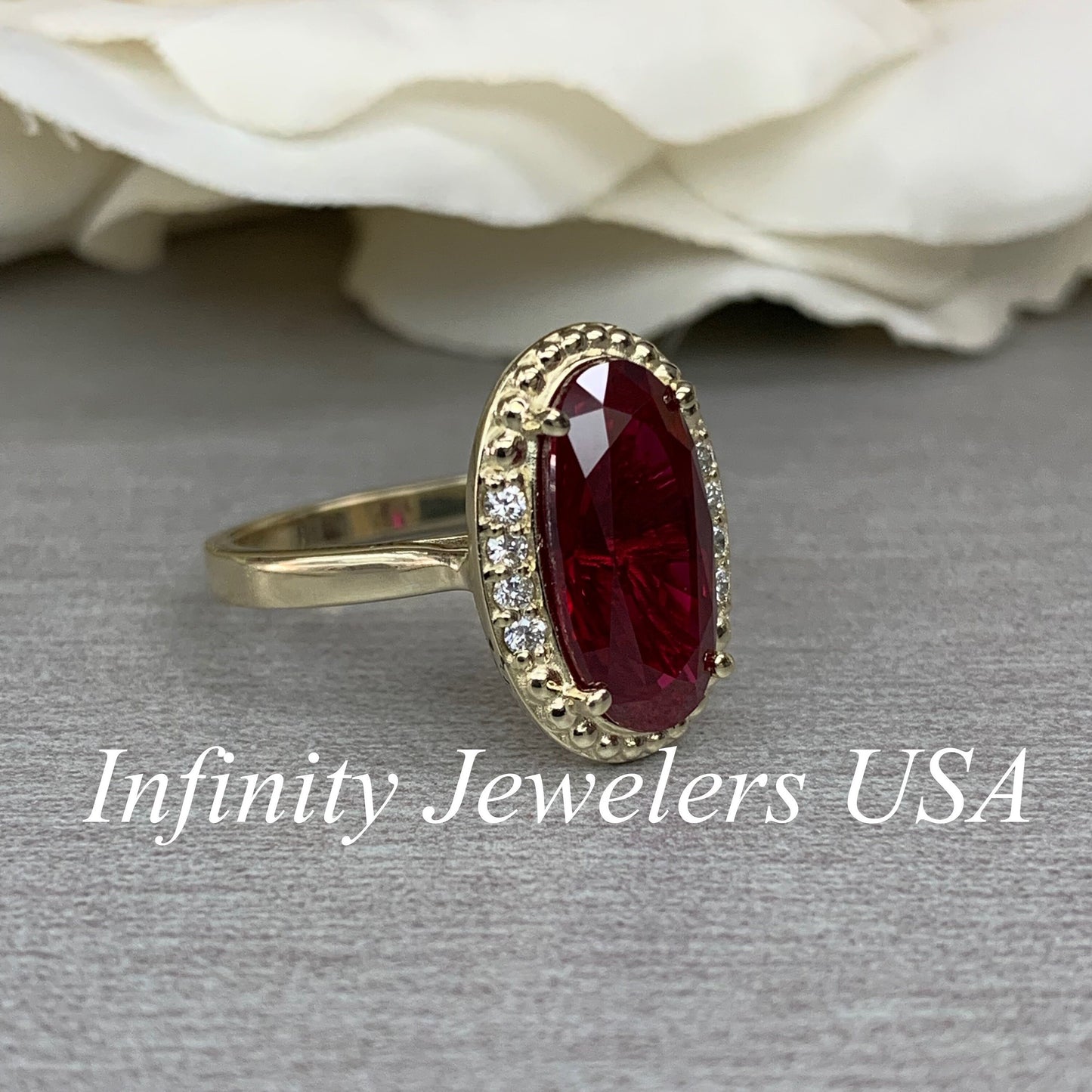 Elongated Oval Ladies Ring / Red Ruby Engagement Ring / Diamond And Ruby Wedding Ring / Anniversary Gift / 14k Yellow Gold / #6220