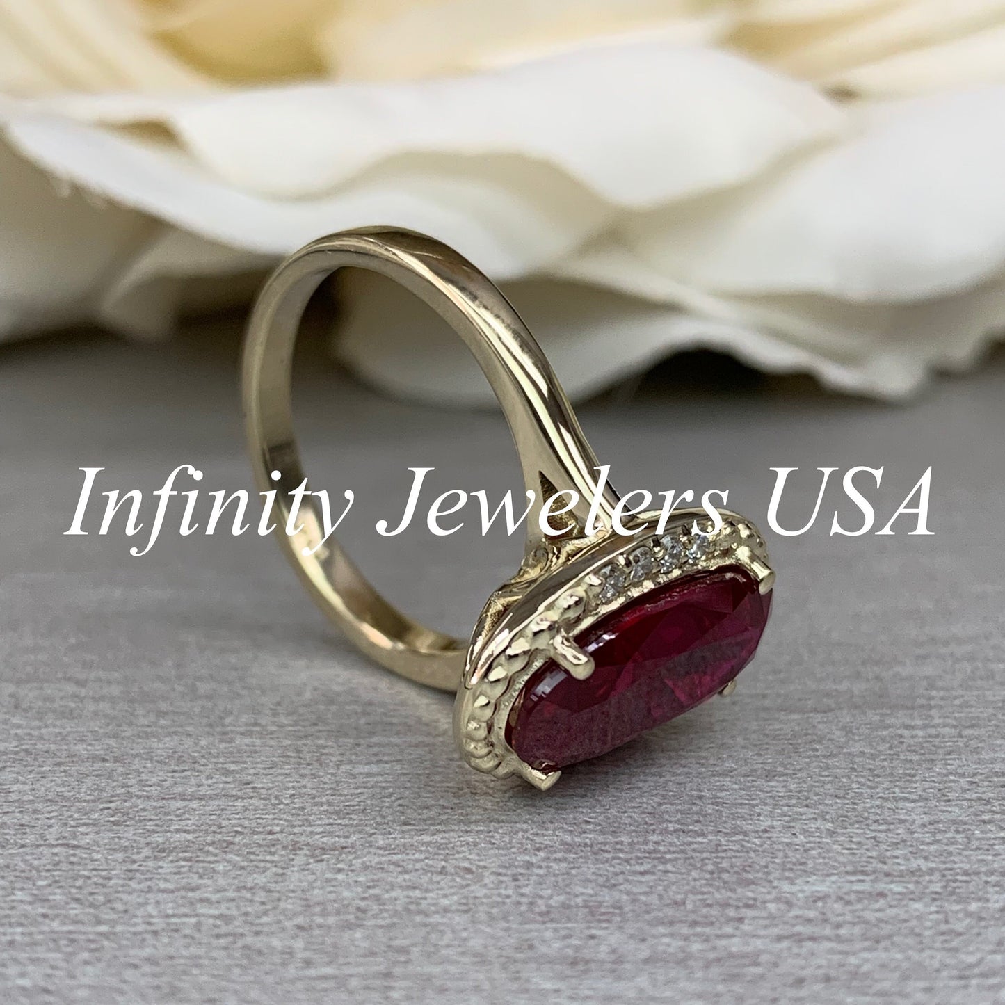 Elongated Oval Ladies Ring / Red Ruby Engagement Ring / Diamond And Ruby Wedding Ring / Anniversary Gift / 14k Yellow Gold / #6220
