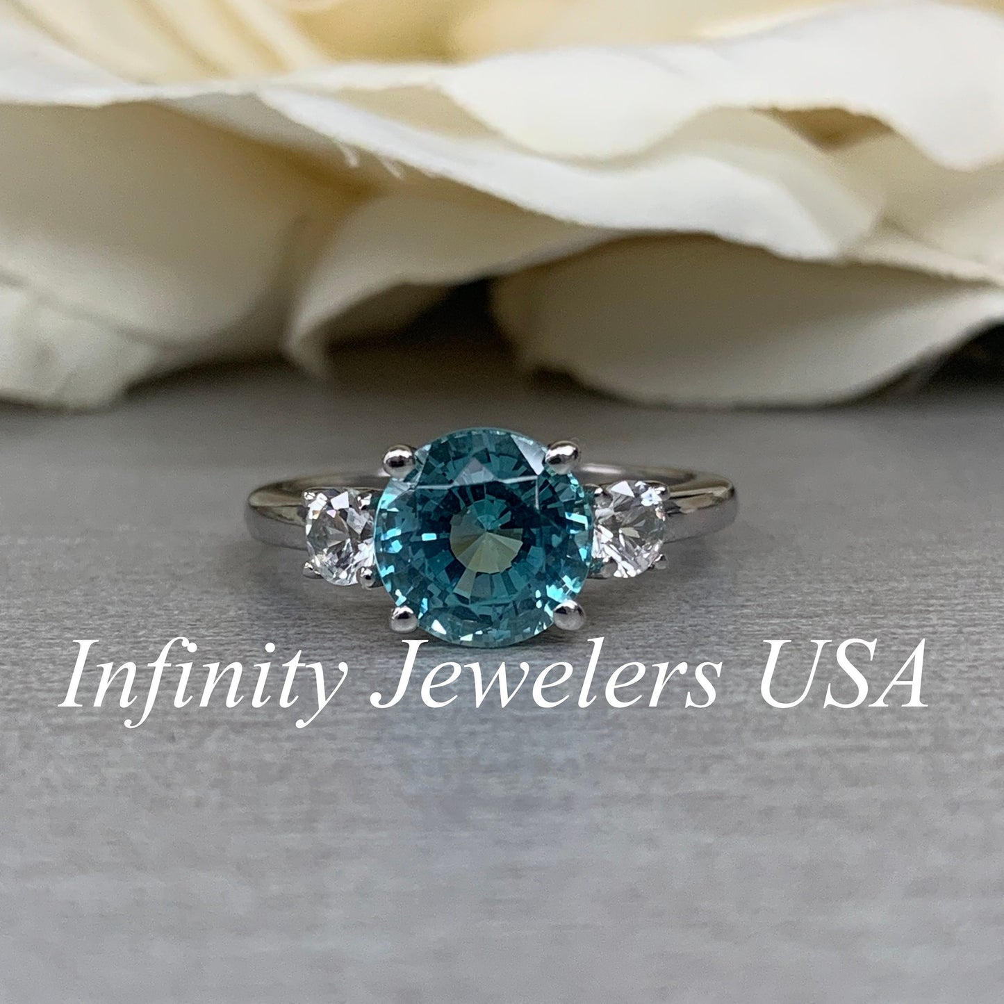 Round Engagement Ring / Neon Blue Paraiba Ring / Paraiba and Round White Sapphire Sides / 14k White Gold / #6224
