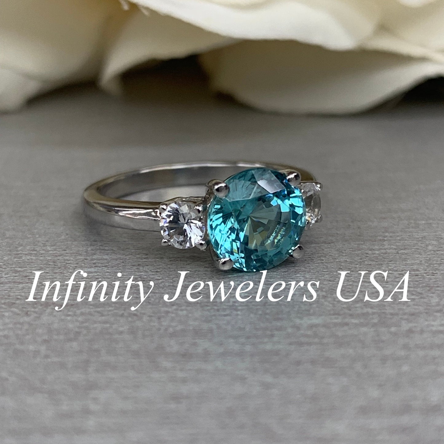 Round Engagement Ring / Neon Blue Paraiba Ring / Paraiba and Round White Sapphire Sides / 14k White Gold / #6224