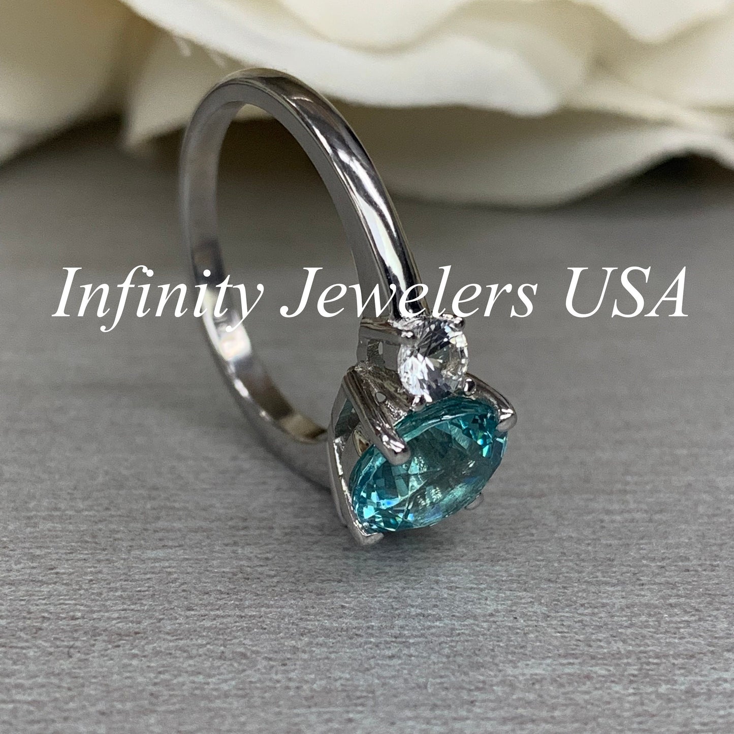 Round Engagement Ring / Neon Blue Paraiba Ring / Paraiba and Round White Sapphire Sides / 14k White Gold / #6224