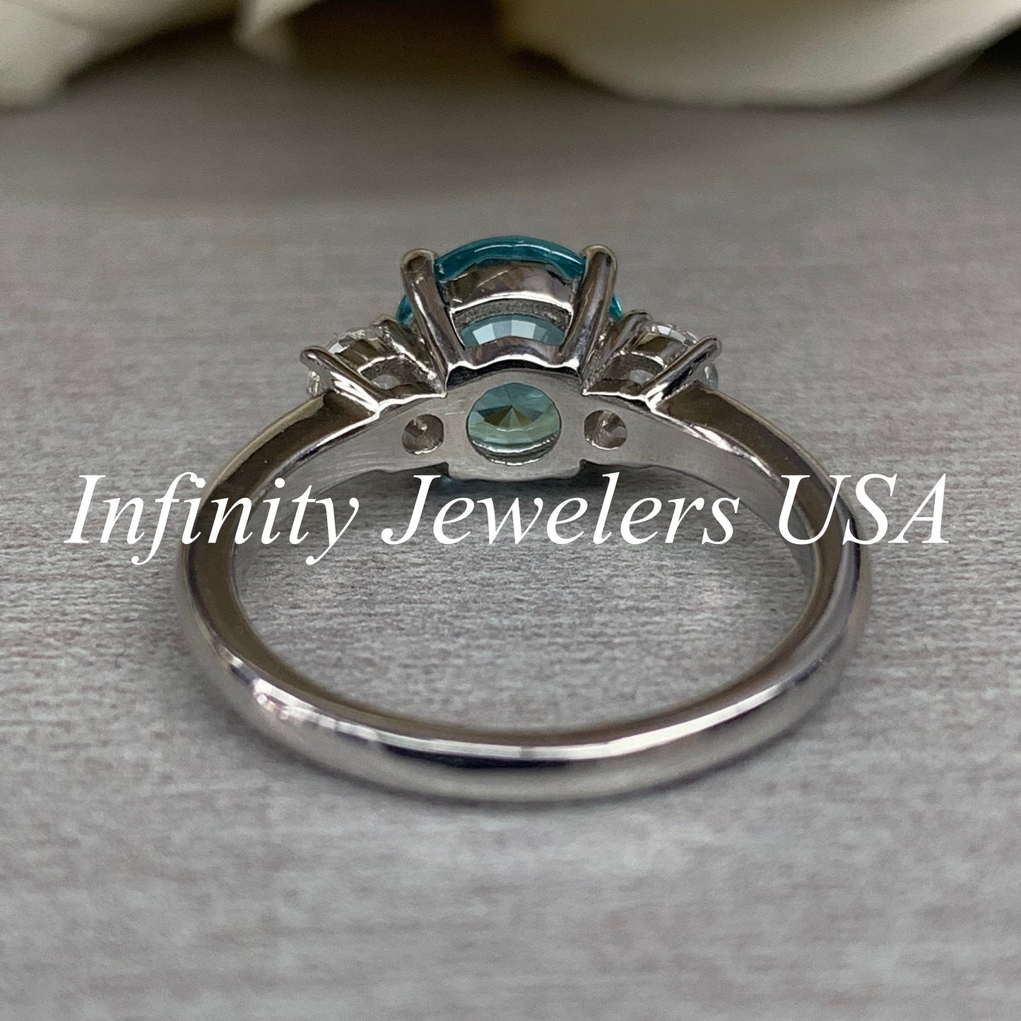 Round Engagement Ring / Neon Blue Paraiba Ring / Paraiba and Round White Sapphire Sides / 14k White Gold / #6224
