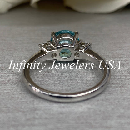 Round Engagement Ring / Neon Blue Paraiba Ring / Paraiba and Round White Sapphire Sides / 14k White Gold / #6224