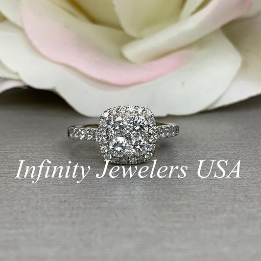 Round Diamonds Cushion Shape Ring / Diamond Halo Engagement Ring / 14k White Gold / #3895