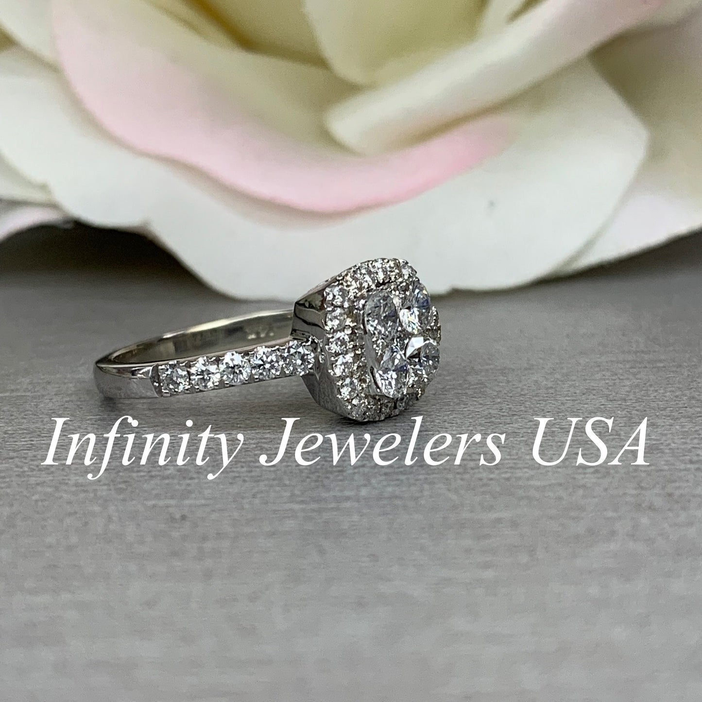 Round Diamonds Cushion Shape Ring / Diamond Halo Engagement Ring / 14k White Gold / #3895
