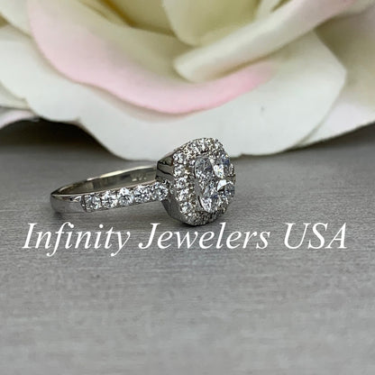 Round Diamonds Cushion Shape Ring / Diamond Halo Engagement Ring / 14k White Gold / #3895