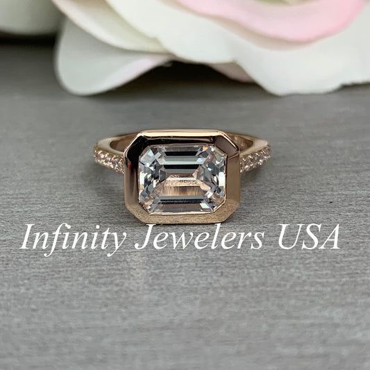 Emerald Cut Moissanite Engagement Ring, Bezel Set Emerald Cut And Round Moissanite Wedding Ring, 14k Rose Gold Moissanite Cluster Ring #7000