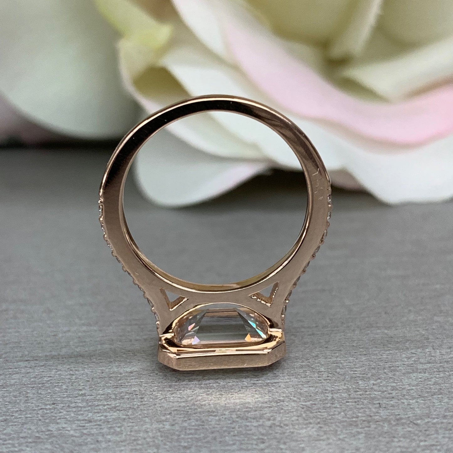 Emerald Cut Moissanite Engagement Ring, Bezel Set Emerald Cut And Round Moissanite Wedding Ring, 14k Rose Gold Moissanite Cluster Ring #7000