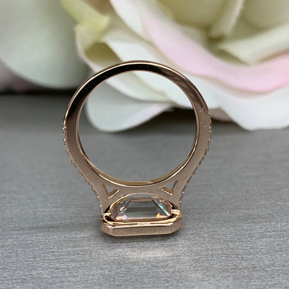 Emerald Cut Moissanite Engagement Ring, Bezel Set Emerald Cut And Round Moissanite Wedding Ring, 14k Rose Gold Moissanite Cluster Ring #7000