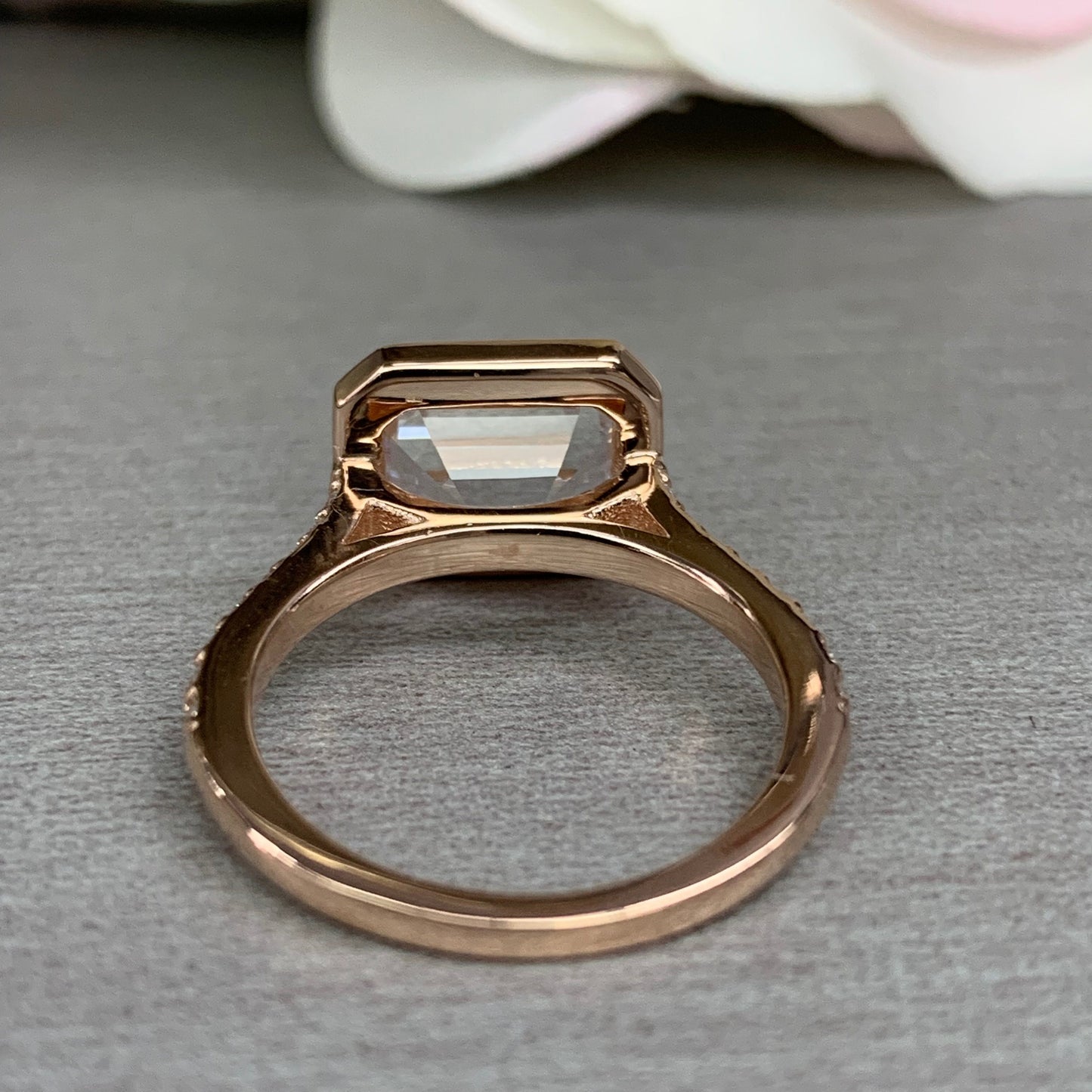 Emerald Cut Moissanite Engagement Ring, Bezel Set Emerald Cut And Round Moissanite Wedding Ring, 14k Rose Gold Moissanite Cluster Ring #7000