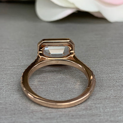 Emerald Cut Moissanite Engagement Ring, Bezel Set Emerald Cut And Round Moissanite Wedding Ring, 14k Rose Gold Moissanite Cluster Ring #7000