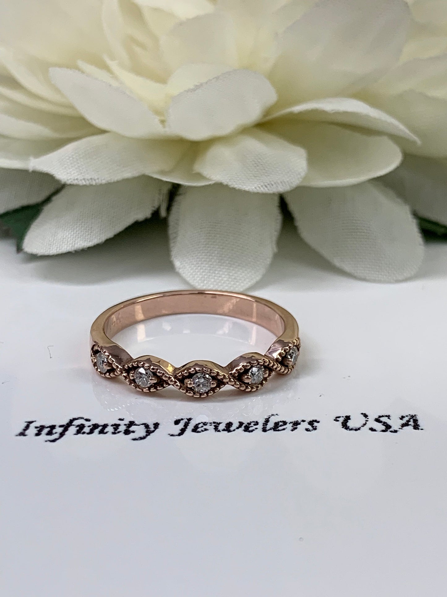 Diamond round cut wedding band, stackable vintage anniversary ring, infinity milgrain promise ring, 14k rose gold #4413