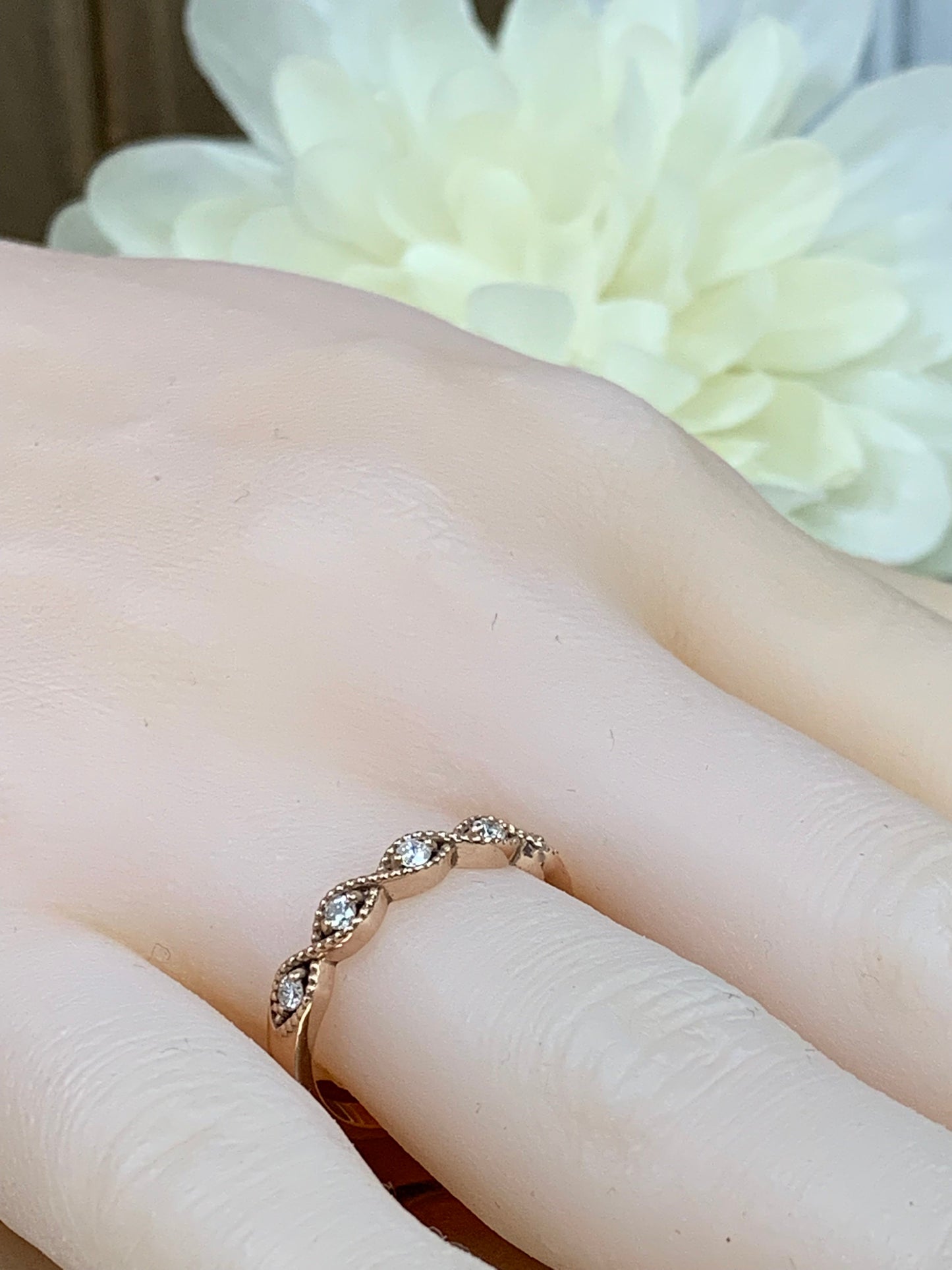 Diamond round cut wedding band, stackable vintage anniversary ring, infinity milgrain promise ring, 14k rose gold #4413