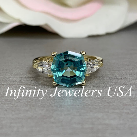 Octagon Neon Blue Paraiba Ring, Web Cut Engagement Ring, Sapphire Bullet Shape Ring, 14k Yellow Gold, #6258