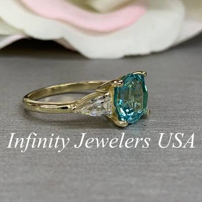 Octagon Neon Blue Paraiba Ring, Web Cut Engagement Ring, Sapphire Bullet Shape Ring, 14k Yellow Gold, #6258