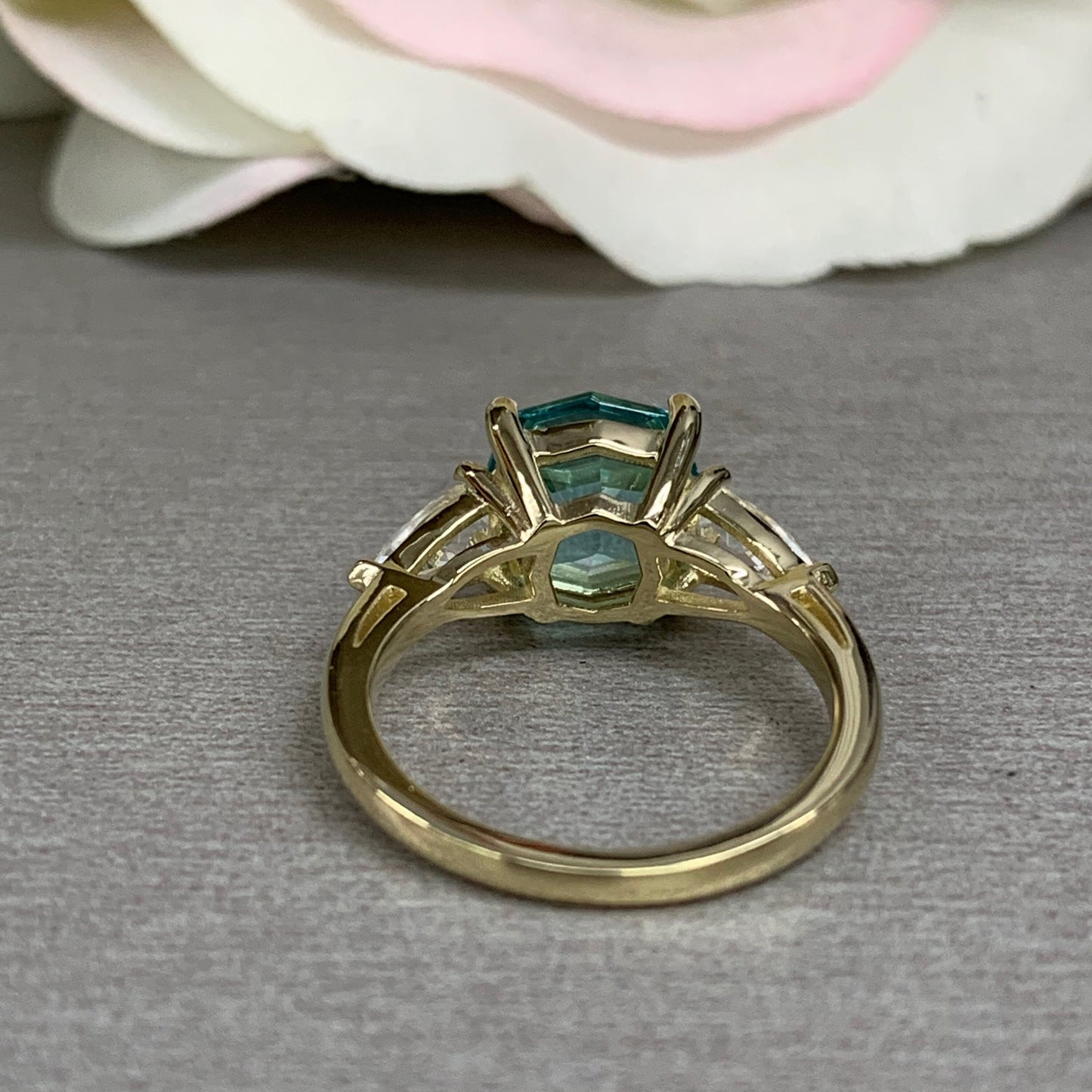 Octagon Neon Blue Paraiba Ring, Web Cut Engagement Ring, Sapphire Bullet Shape Ring, 14k Yellow Gold, #6258