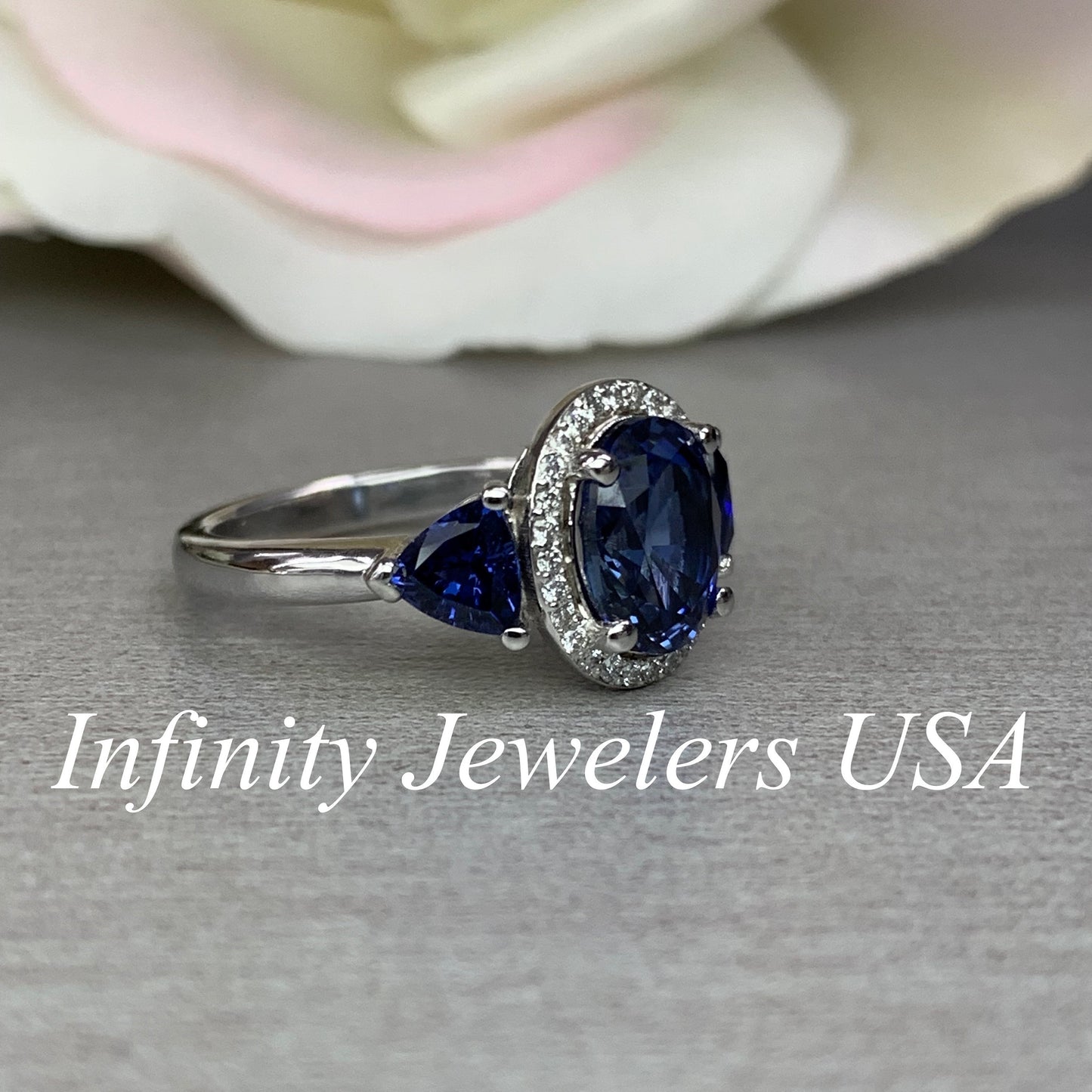 Blue sapphire oval halo with trillions, 14k white gold #5374