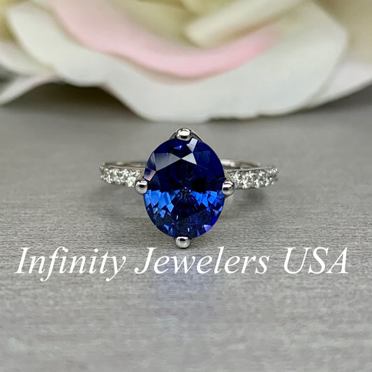 Oval Cut Blue Sapphire with Genuine Diamond Accents Wedding Engagement Anniversary Ring 14k White Gold #5443