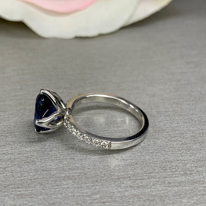 Oval Cut Blue Sapphire with Genuine Diamond Accents Wedding Engagement Anniversary Ring 14k White Gold #5443